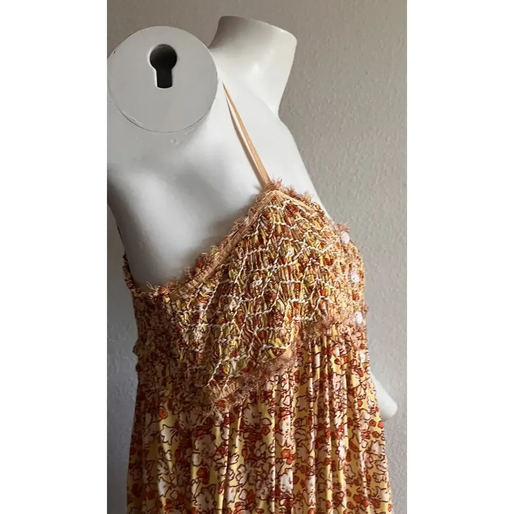 Free People Molly Jo Floral Maxi Dress Womens XL Smocked Open Back Boho